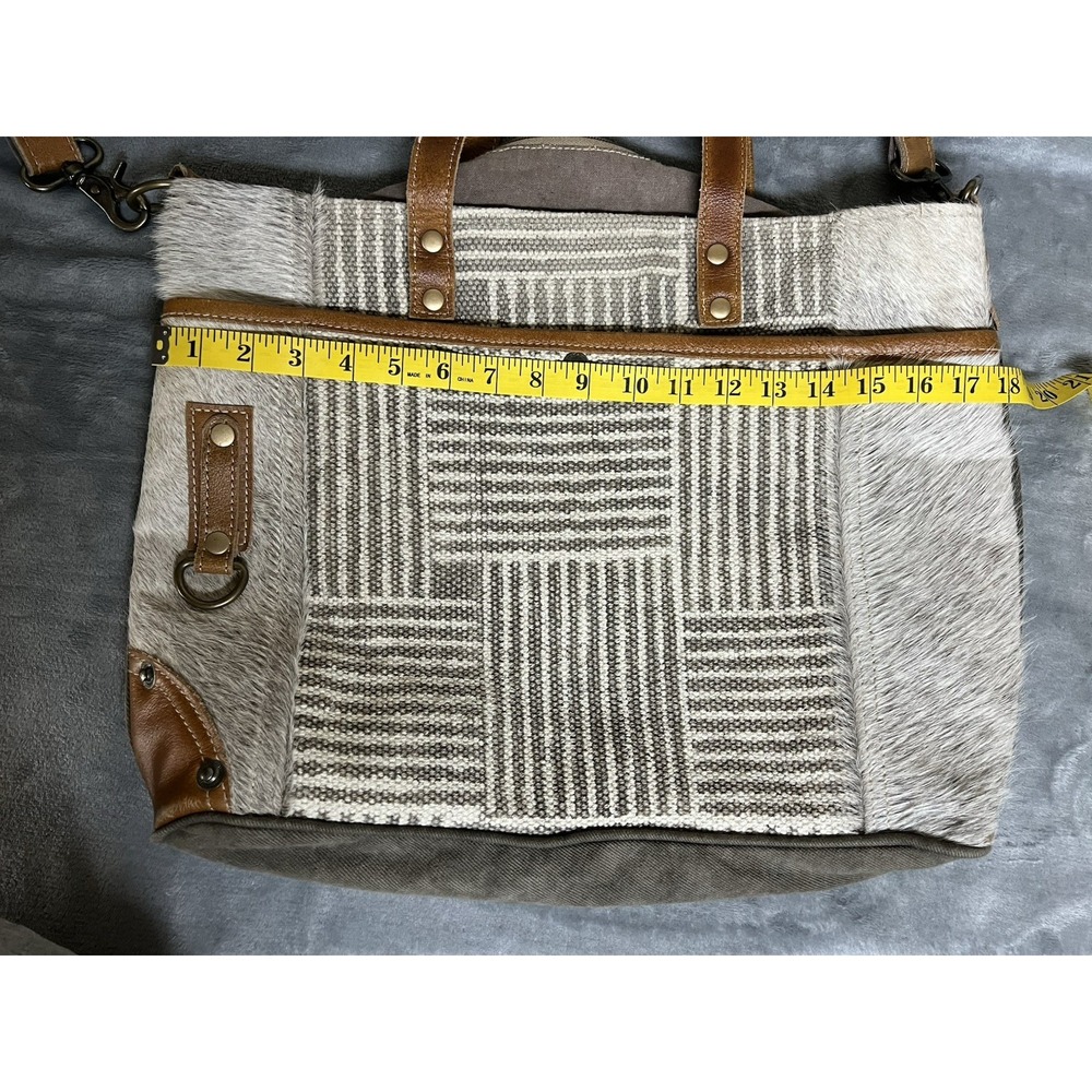 Myra Mixed Media Large Tote Canvas & Leather Cowhide Crossbody Boho Work Bag - Picture 16 of 16
